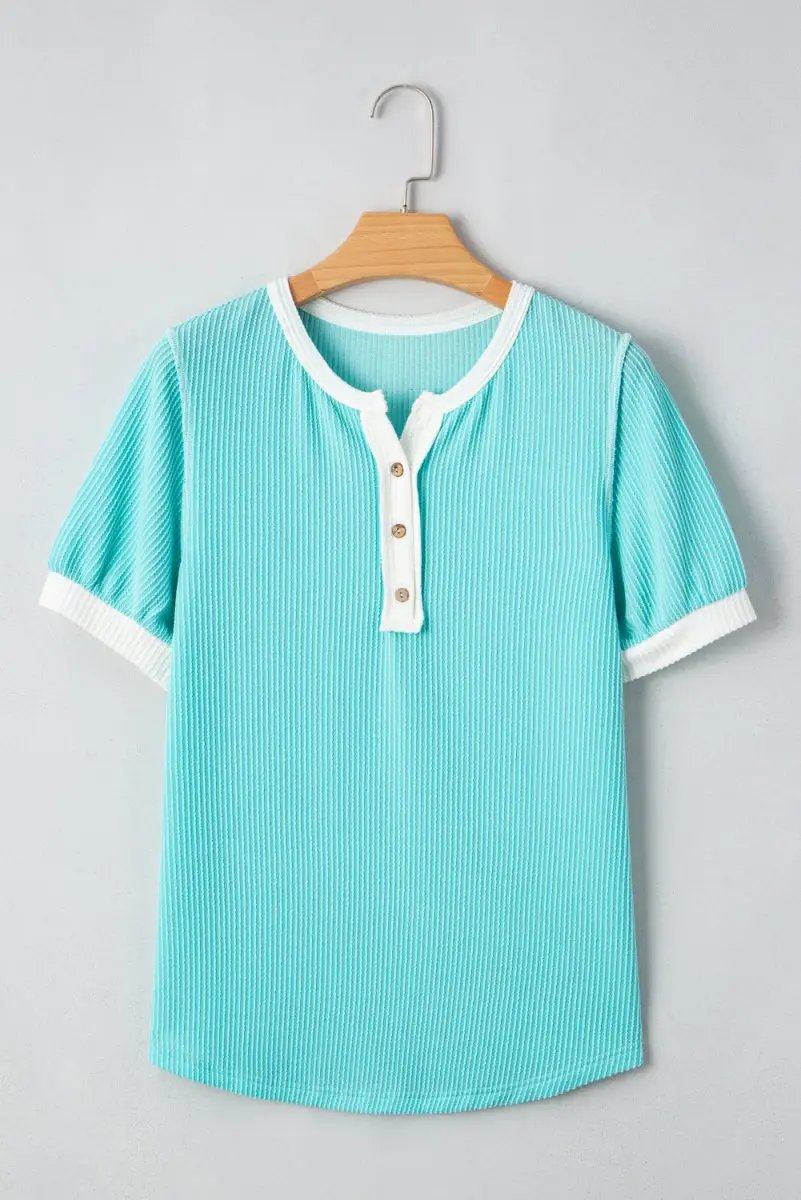 Turquoise Corded Colorblock Buttons Henley T Shirt for Women - Love Salve